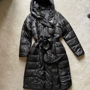 Black Hooded Belted Long Puffer Jacket